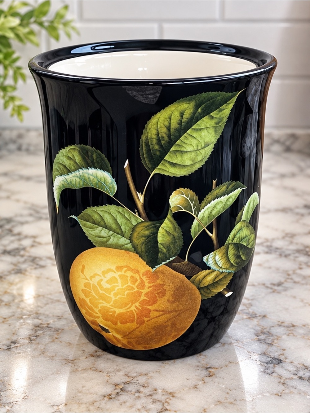 Certified International Lemon Utensil Crock Black Botanical Mindy Sommers 6.5” - Picture 2 of 7